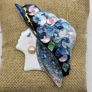 Beautiful Artisan Brooch pin Enamel Hat mixed media embellished whimsical